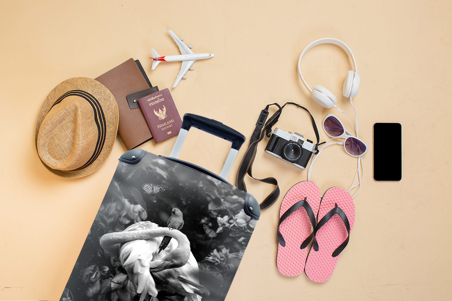 MuchoWow Handgepäckkoffer Flamingo und Dschungel Vogel Handgepäck und ein - Ferien, Reisekoffer Trolley, 4 Reisetasche Rollen, rollen, mit im für weiß, schwarz
