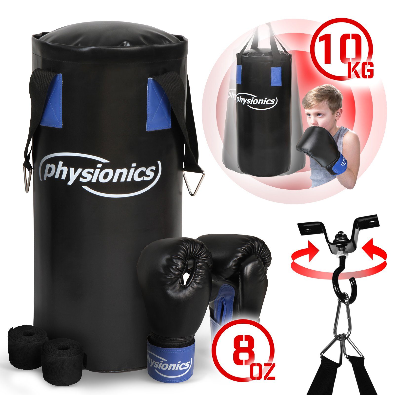 Physionics Boxsack Kinder Boxsack mit H55cm/10kg/Gefüllt Set- Boxhandschuhen/Boxbandagen