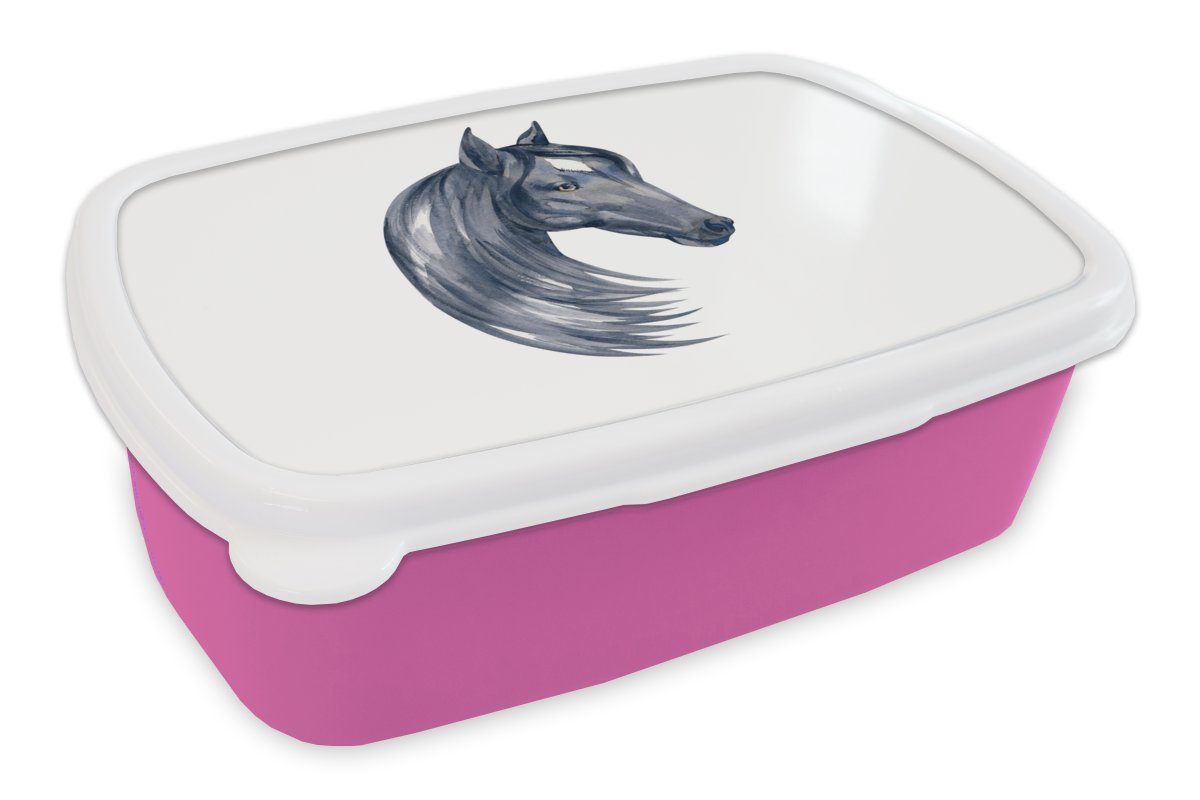 MuchoWow Lunchbox Pferd - Aquarell - Kariert - Mädchen - Kinder - Mädchen, Kunststoff, (2-tlg), Brotbox für Erwachsene, Brotdose Kinder, Snackbox, Mädchen, Kunststoff rosa