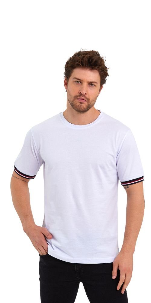 COMEOR T-Shirt Basic Herren gestreiften Bündchen (Packung, Rundhalls Ärmel Weiß Kurzarm 1-tlg) mit