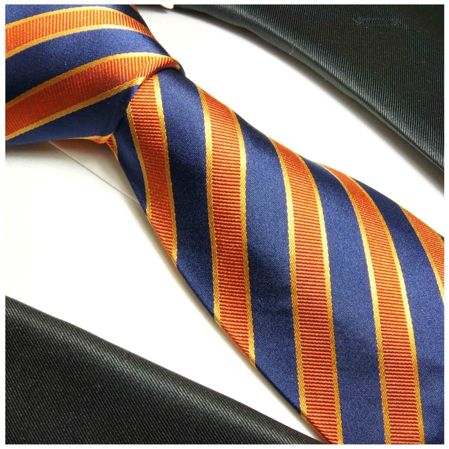 Schlips und Seide gestreift 2-St., modern 100% mit blau 728 Tuch Einstecktuch) Krawatte (Set, Herren Breit Malone Seidenkrawatte Paul (8cm), Krawatte orange