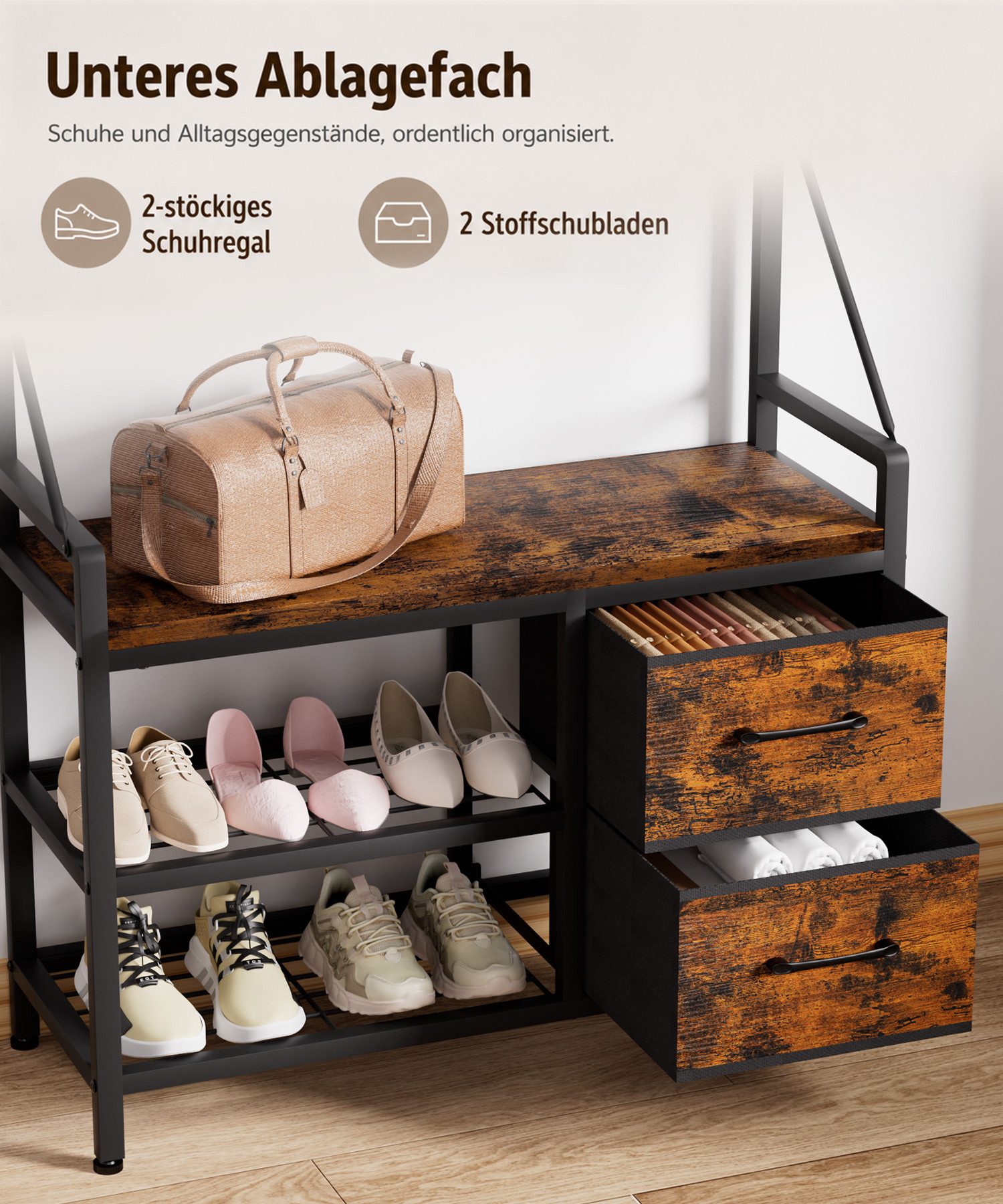 Yorbay Kleiderständer Garderobenständer mit Schuhregal & Sitzbank – 4-in-1 Kleiderständer, (80x30x180 cm), mit 17 Haken, Flurgarderobe mit 2 Schubladen für Diel – Bild 5 von 5