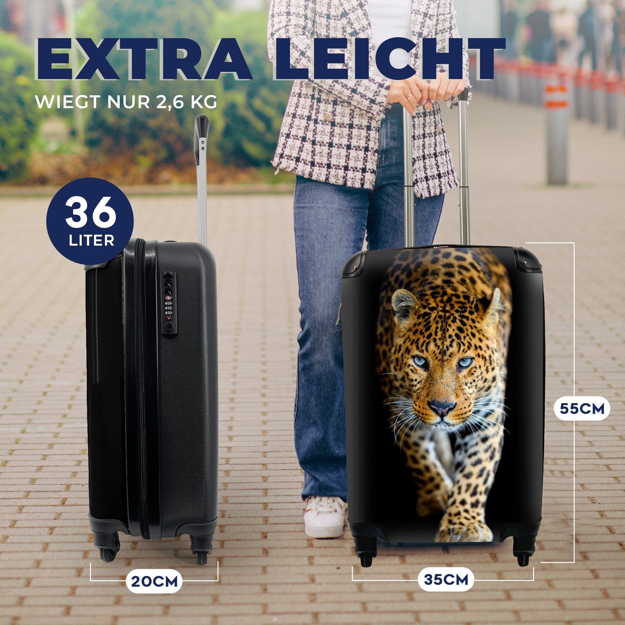 4 Porträt Reisetasche Wildtiere Leopard Tiere MuchoWow rollen, Ferien, mit Handgepäckkoffer - Trolley, Handgepäck - - Schwarz, für - Rollen, Reisekoffer