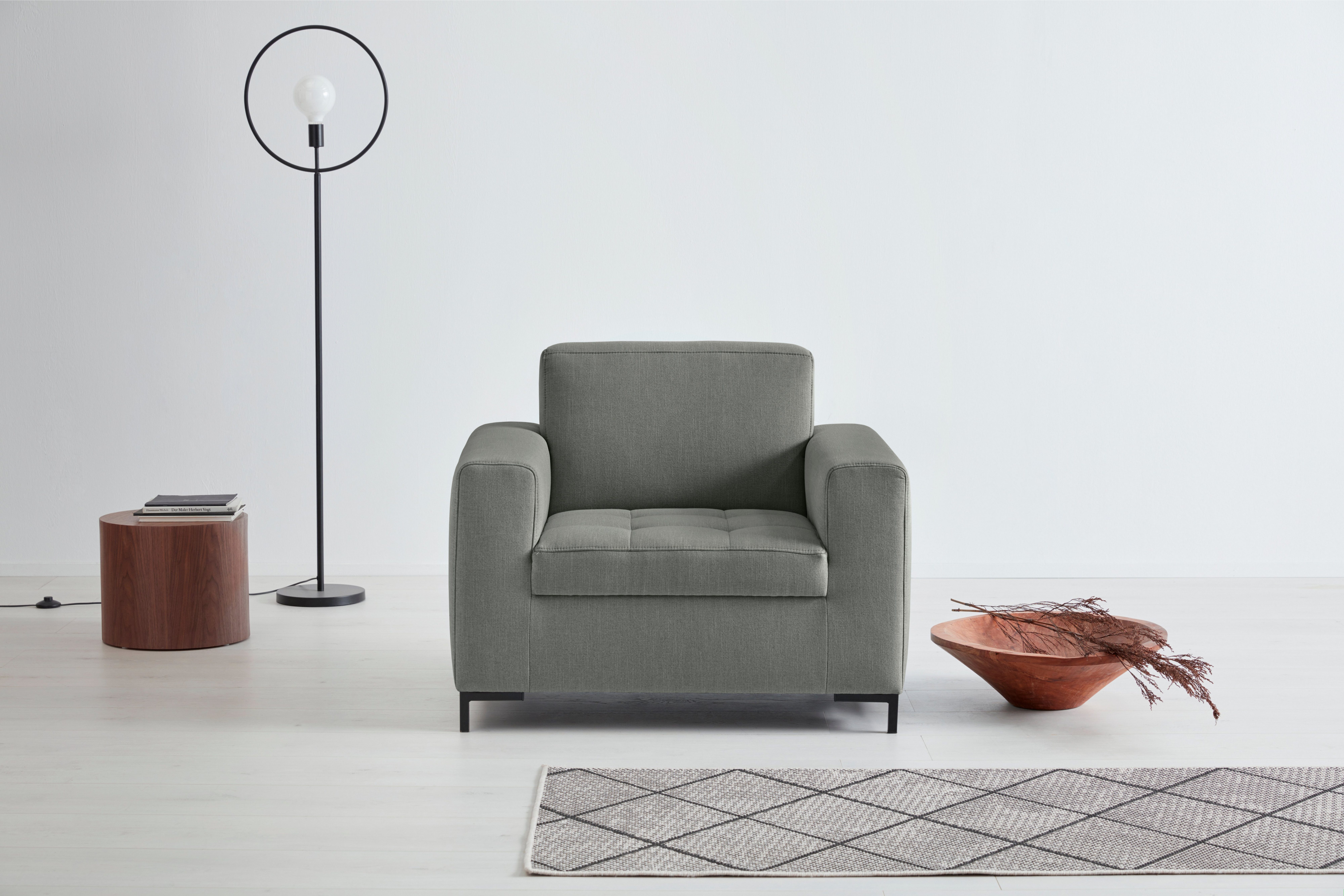 OTTO products Sessel Grazzo Loungesessel, moderne Sitzheftung, bequemer Einzelsessel, hochwertige Stoffe aus recyceltem Material, Steppung im Sitzbereich
