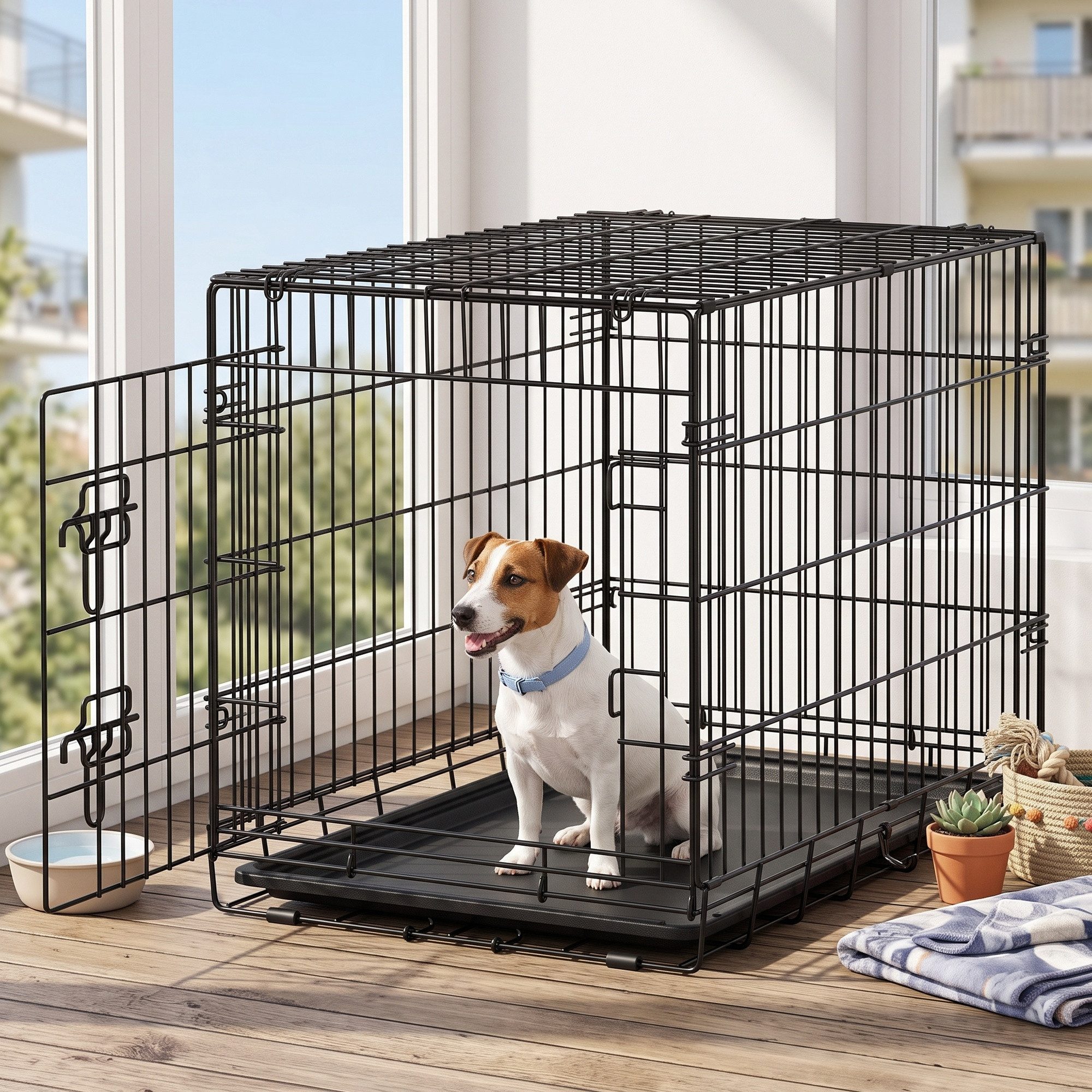 FEANDREA Tiertransportbox Faltbarer Hundekäfig mit Tür und Kunststoffschale, für Hunde von 9 bis 16 kg, 76,5 x 48,6 x 54,4 cm