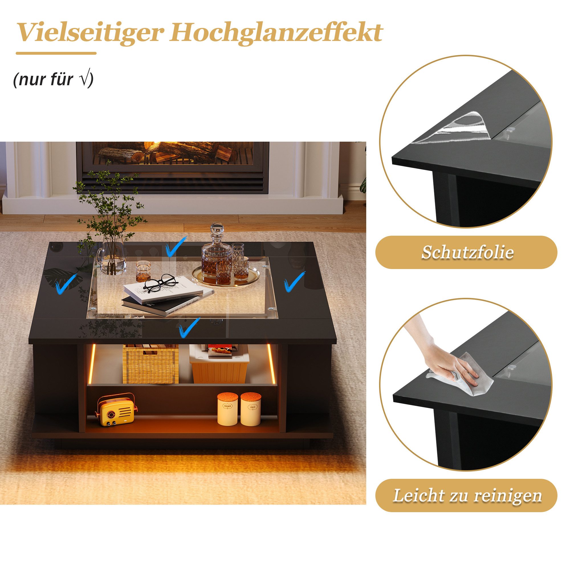 Celya Couchtisch 70x70x30 cm, Quadratischer Kaffeetisch mit LED-Beleuchtung (Hochglanzoberfläche, aus Spanplatte, bis 30 kg belastbar), Beistelltisch, Sofatisch, Wohnzimmertisch