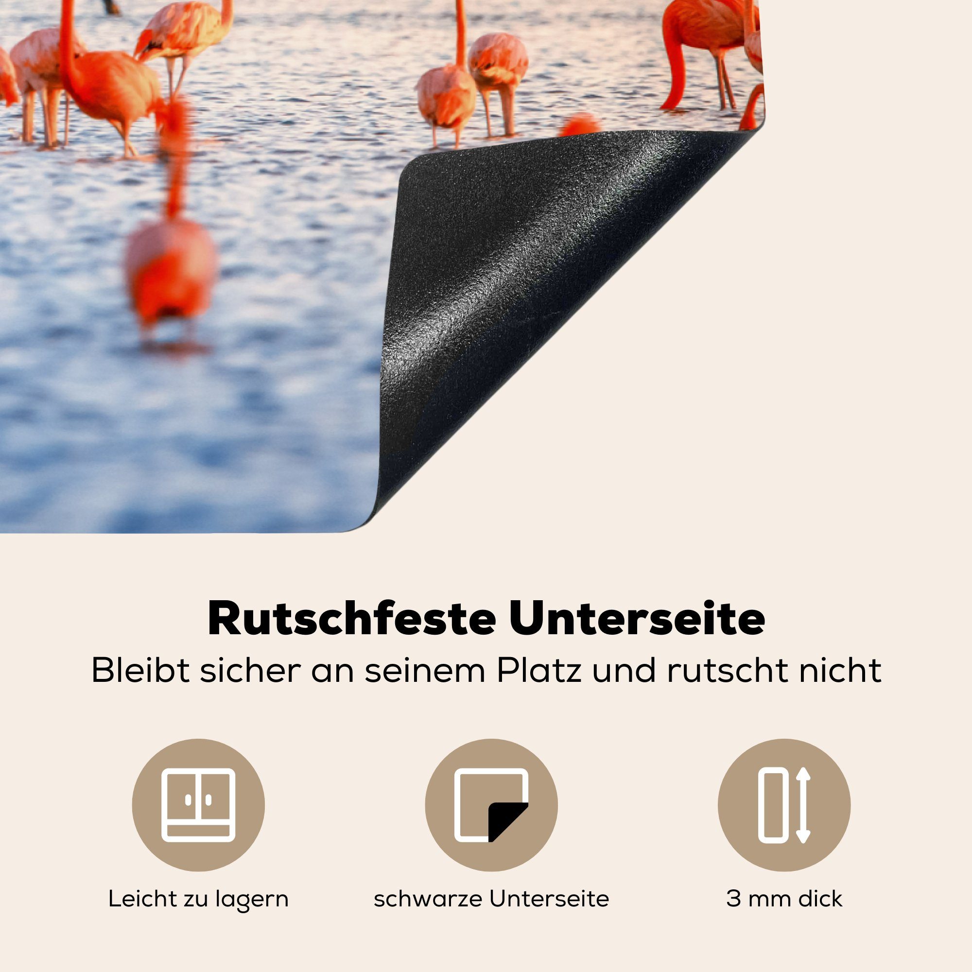 MuchoWow Herdblende-/Abdeckplatte Vogel 81x52 tlg), Wasser cm, Vinyl, Arbeitsplatte - Ceranfeldabdeckung, Sonnenuntergang küche für (1 Rosa, - Flamingo - 