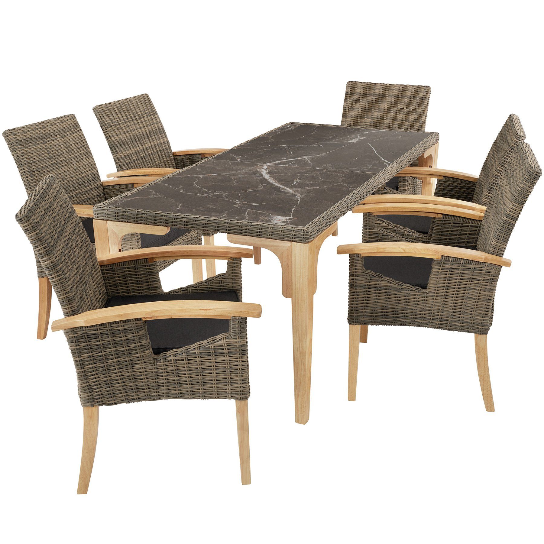 tectake Sitzgruppe Rattan Tisch Foggia mit 6 Stühlen Rosarno, (Set, 7-tlg) natur