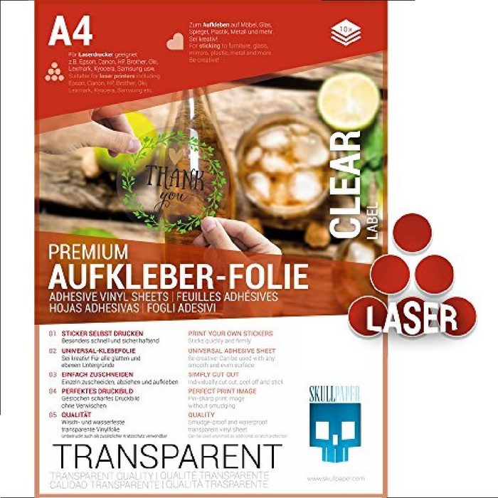 Skullpaper Dekorationsfolie Premium Aufkleber-Folie Transferfolie Transparent A4 Laserdrucker (Aufkleber-Folie 10St.} 10 A4 Bögen) selbstklebend