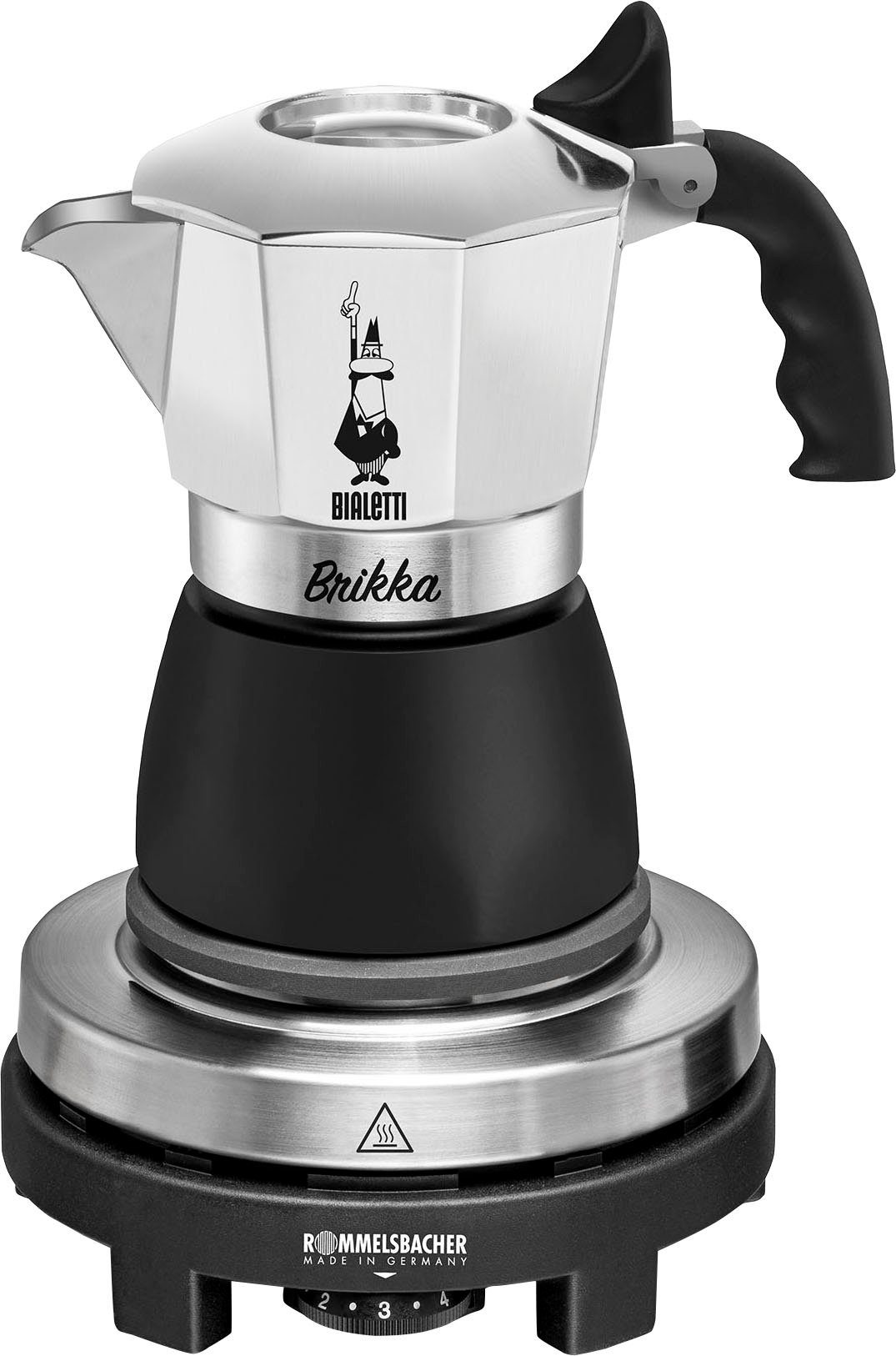 Rommelsbacher Einzelkochplatte Geschenk-Set: Original Bialetti Moka Kanne Brikka + Reisekochplatte