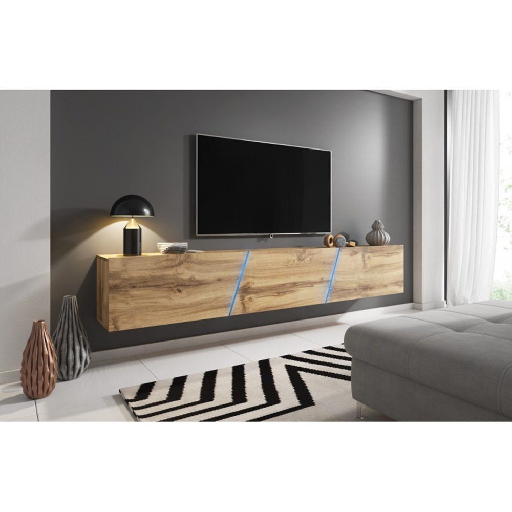 DB-Möbel TV-Schrank TV-Lowboard LOAN in Weiß und Grau TV-Unterteil hängend 240cm LED Eiche