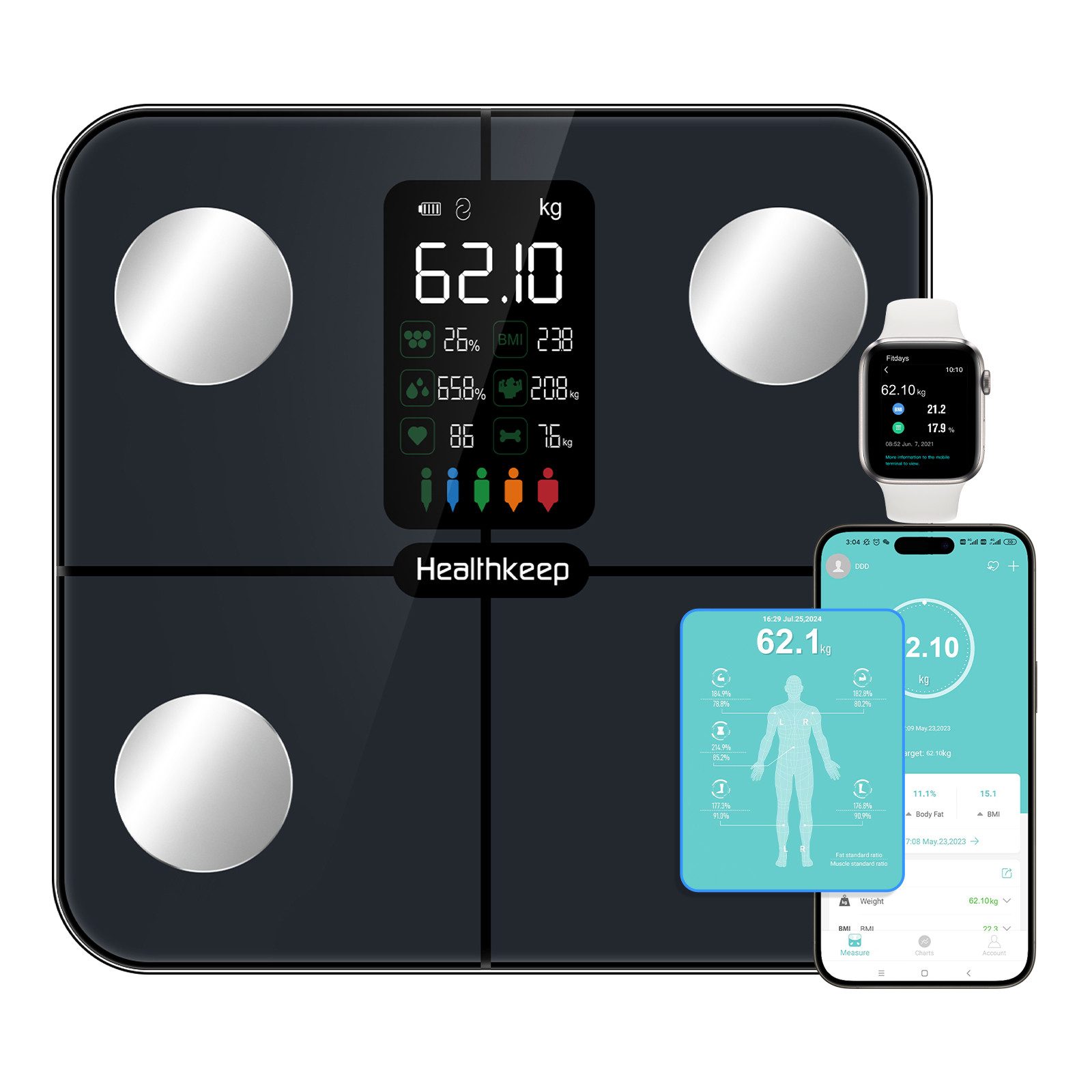 Healthkeep Körper-Analyse-Waage Intelligente Körperanalysewaage 15 Körperdaten mit großem VA-Display, Digitale Waage Impedanzmessung Bluetooth, App für Android und iOS Max. 180kg/400lb/28st