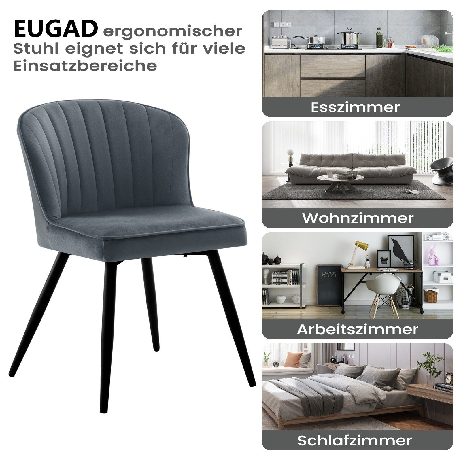 EUGAD Polsterstuhl (2 Metallbeine aus St), Stühle Dunkelgrau Samt, Modern, Esszimmer