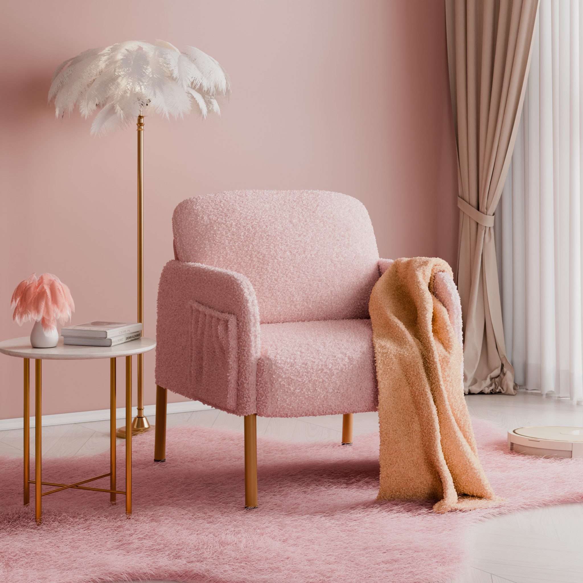 Mondeer Sessel, Freizeitsessel mit Rosa Lammwollstoff und Schwarzes Metallg günstig online kaufen