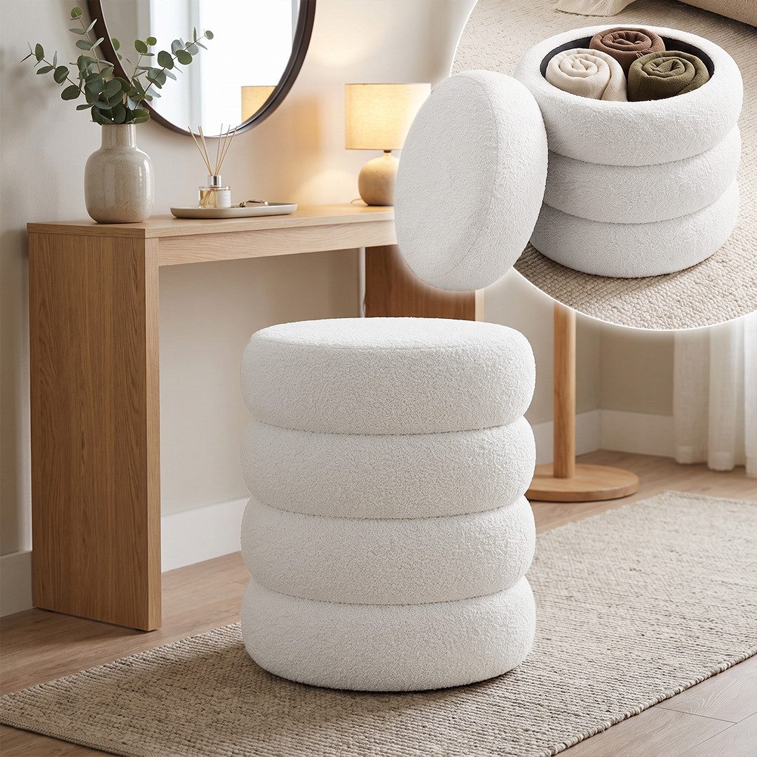 skølm Hocker Selene mit Stauraum, Sitzhocker & Polsterbank, Teddy Bouclé Stoff (creme-weiß, 42 × 42 × 47 cm), Aufbewahrungshocker mit Deckel, Polsterhocker für Schminktisch