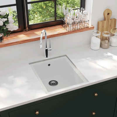 vidaXL Granitspüle Küchenspüle mit Überlauf Weiß Granit, 46/38 cm