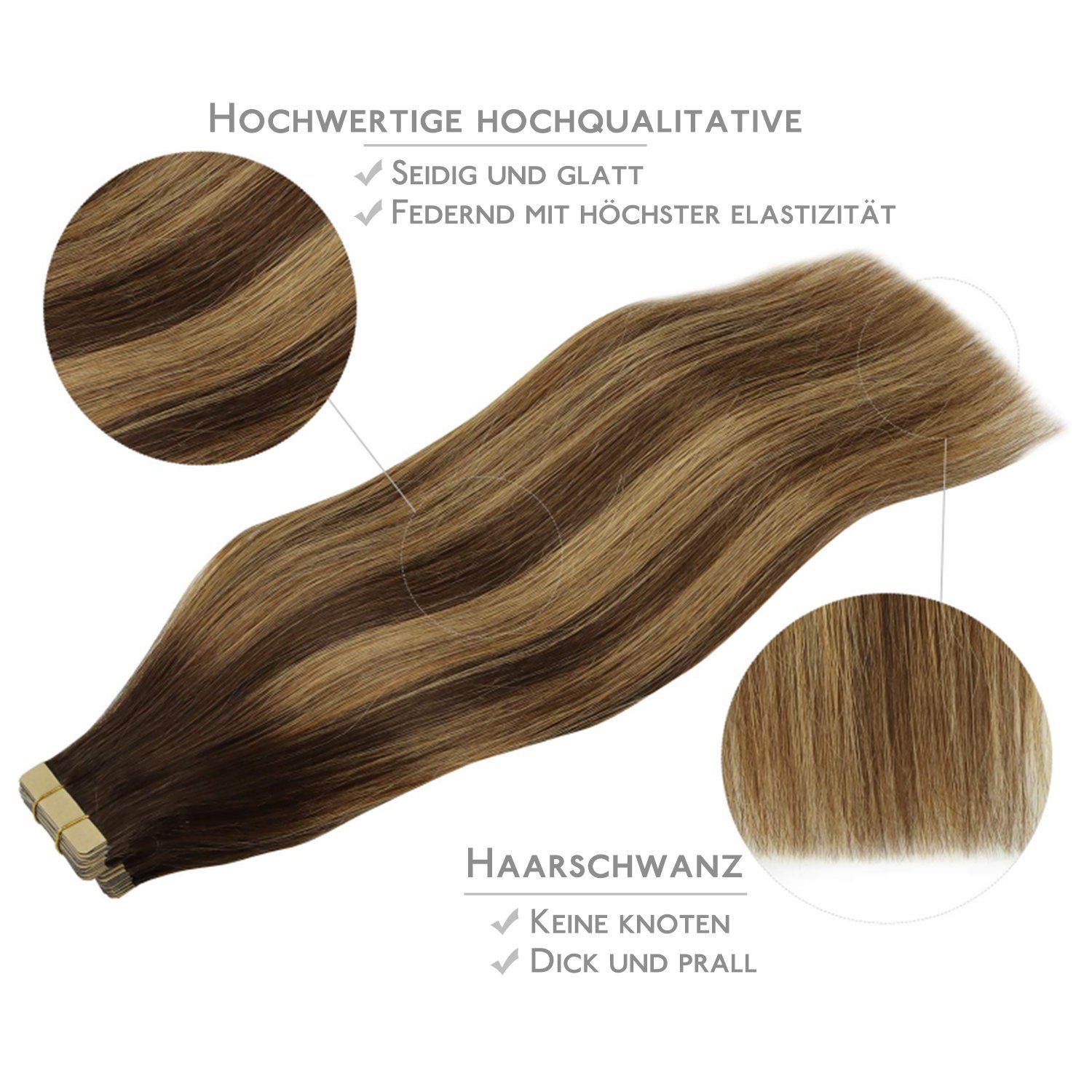 bis Tape-in-Haarverlängerung, 20 Echthaar-Extension Wennalife Stück Karamellblond Schokoladenbraun