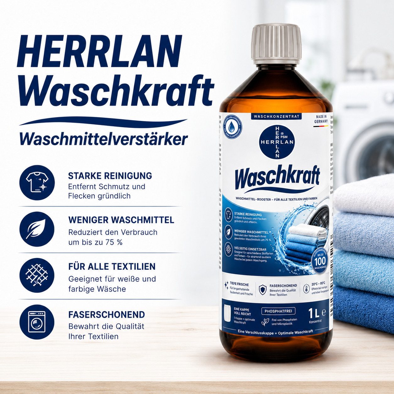 HERRLAN Waschkraft – Waschmittelverstärker Spezialwaschmittel (1000 ml, [- Ohne Duftstoffe Verstärkt die Waschleistung, reduziert den Waschmittelverbrauch)