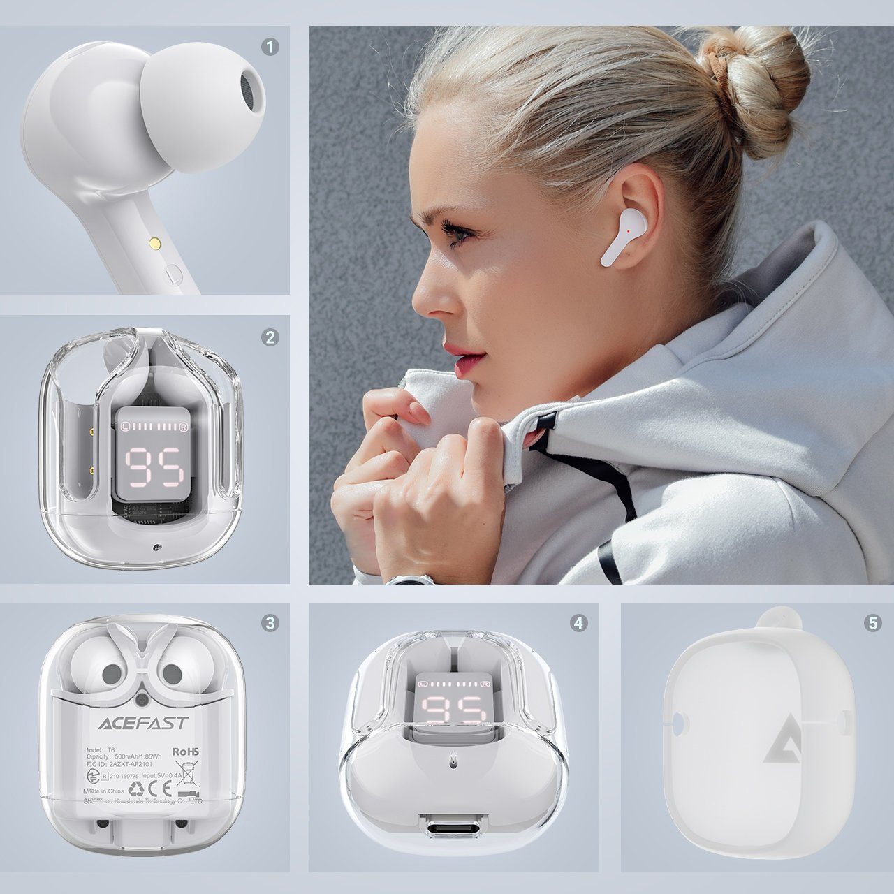 Grau wireless Bluetooth Acefast Kopfhörer 5.0 TWS Headphones Earbuds T6 Modern Wireless In-Ear In-Ear-Kopfhörer