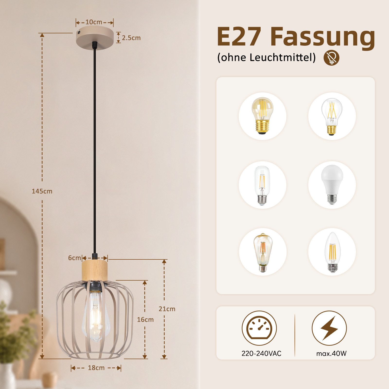 Nettlife Pendelleuchte Weiß/grau 1/3flammig Holz moderne Hängelampe E27 Fassung, ohne Leuchtmittel, für Esstisch Wohnzimmer Küche Flur Kücheninsel