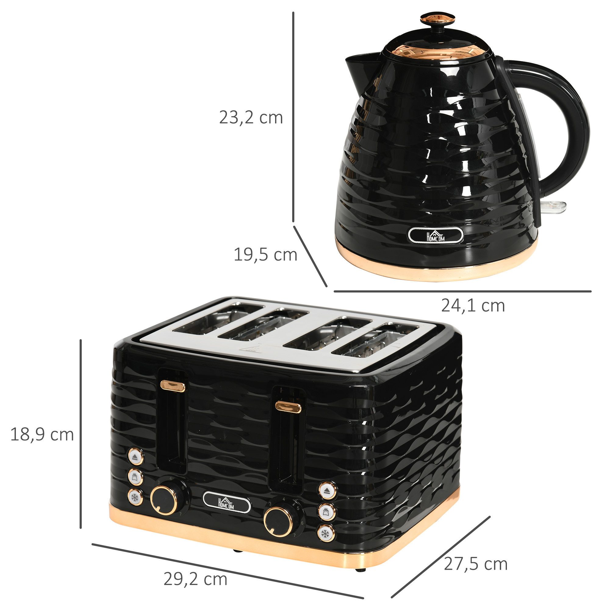 HOMCOM Toaster Wasserkocher Frühstück-Set: 1,7L, 4 Scheiben, 7 Bräunungsstufen, 4 Schlitze, für 4 Scheiben, 2200 W, Auftau-, Aufwärm- und Krümelschublade, Otter-Thermostat, Schwarz