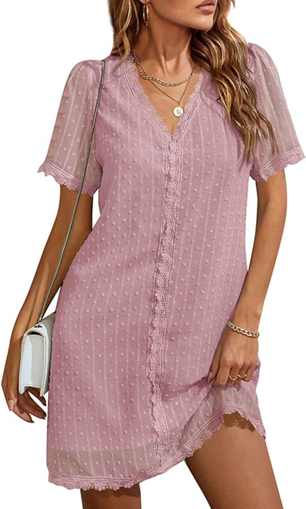 VOCTVTB Shaping-Kleid Spitzenkleid, elegantes, lockeres Freizeitkleid, lässiges Partykleid pink