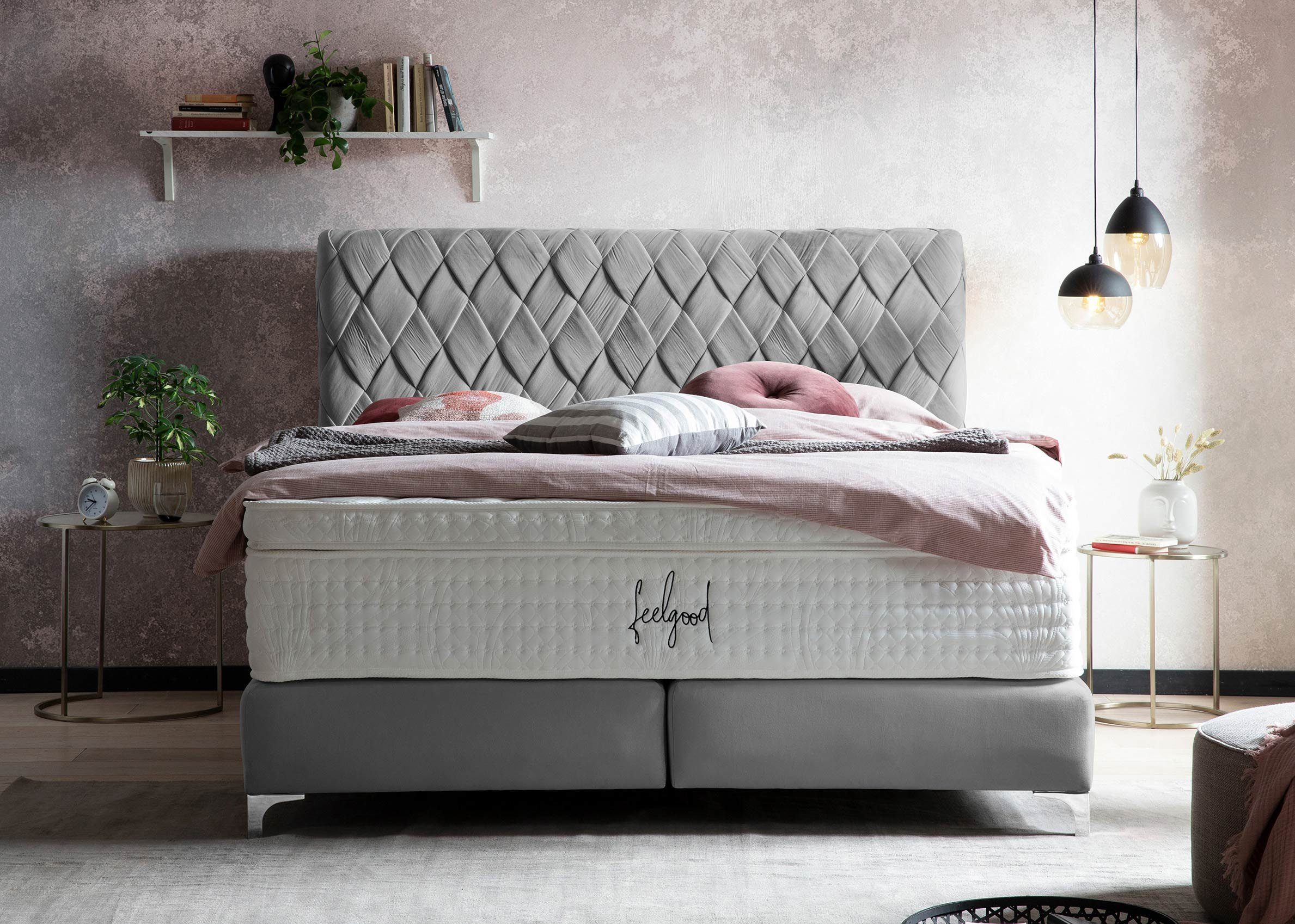 BettCo Boxspringbett Lyon (in Grau Velours, 140 x 200 cm), Kopfteil handgeflochten + optionaler Topper, Füße Chrom-Optik