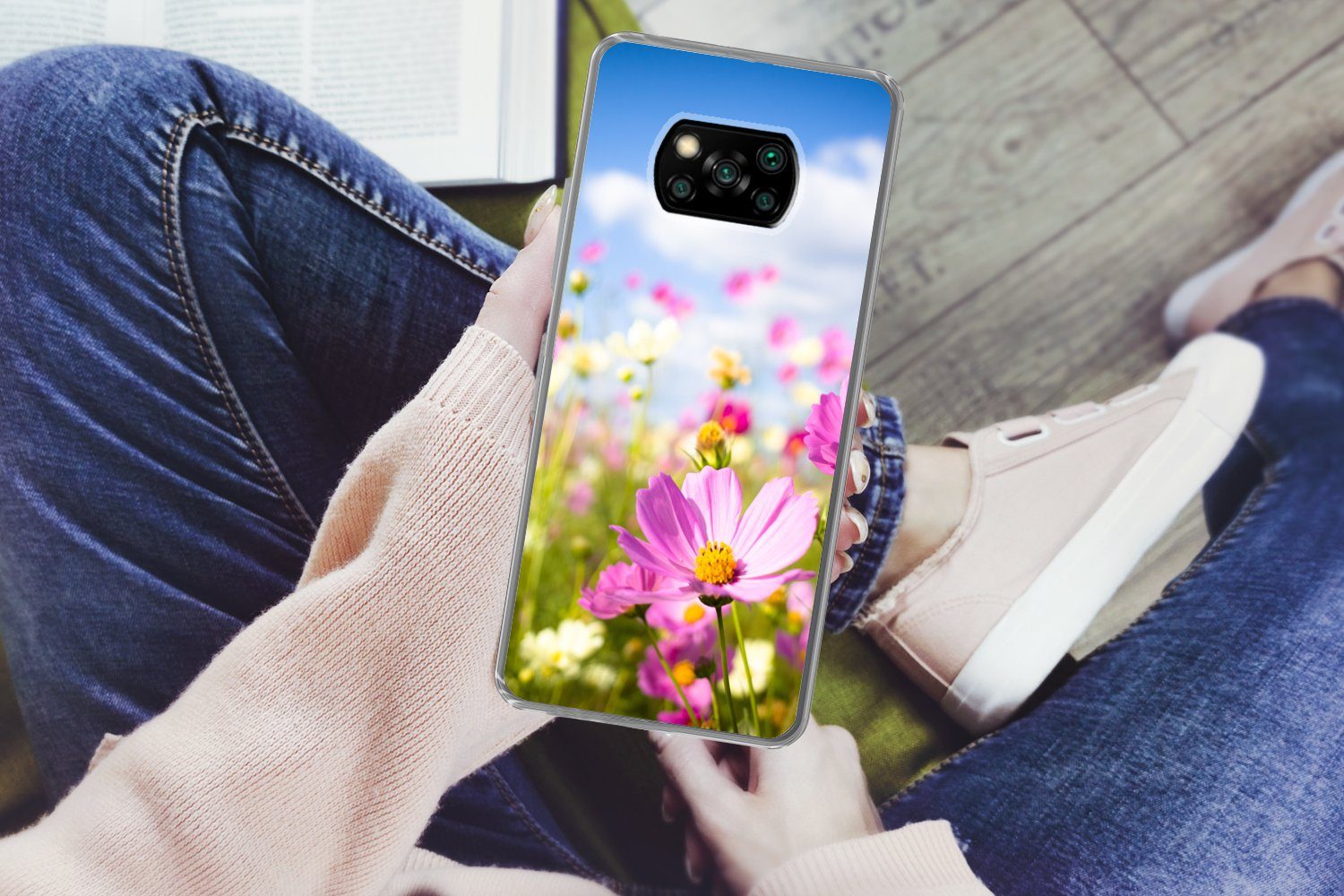 MuchoWow Handyhülle für Xiaomi Poco X3 Pro Blumen - Wiese - Lila - Gras - Weiß - Wolken -, Phone Case, Silikon, Schutzhülle Dünn