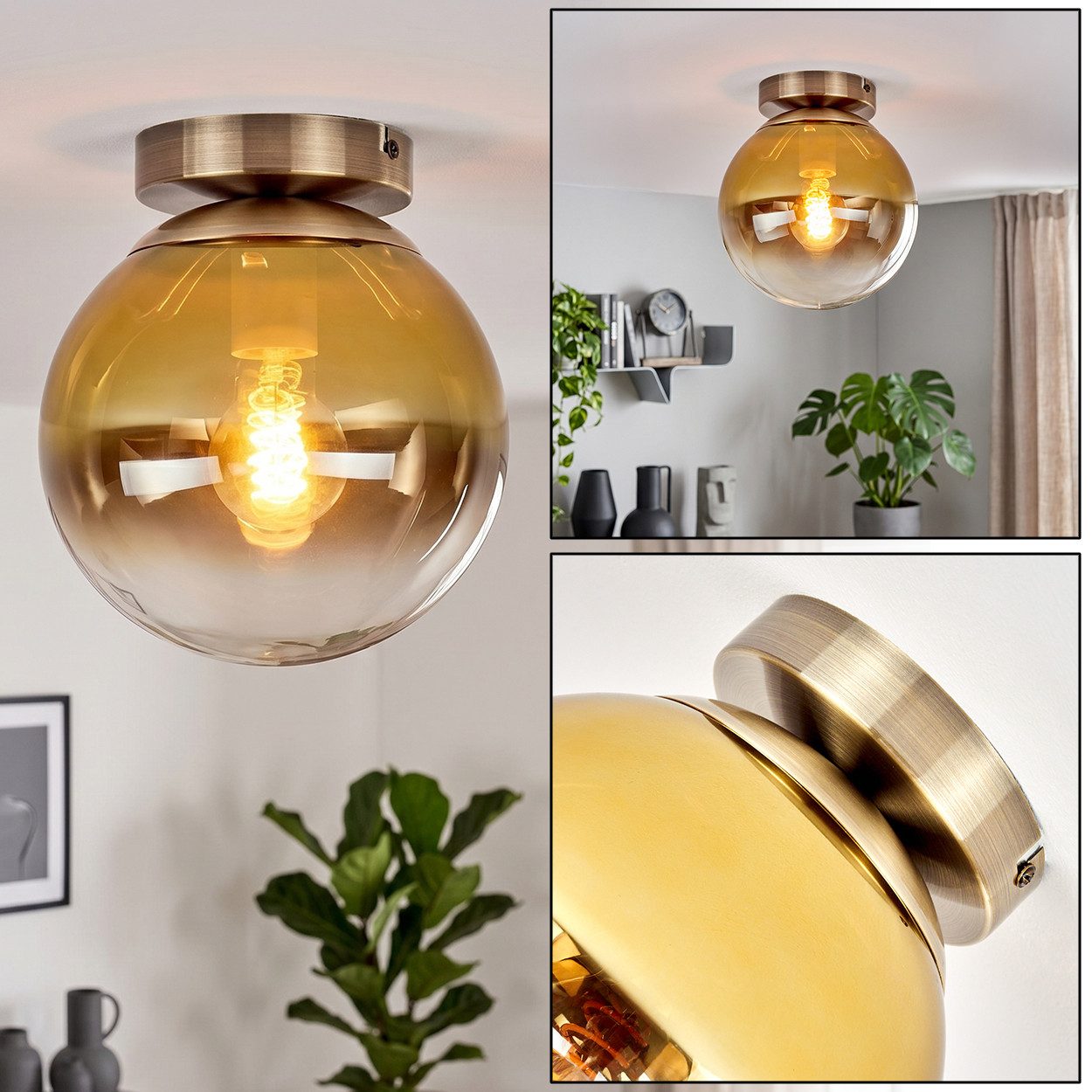 hofstein Deckenleuchte Deckenlampe aus Metall/Glas in Altmessing-/Goldfarben/Klar, moderne Deckenleuchte im Retro/Vintage-Design, Ø 20 cm, E27