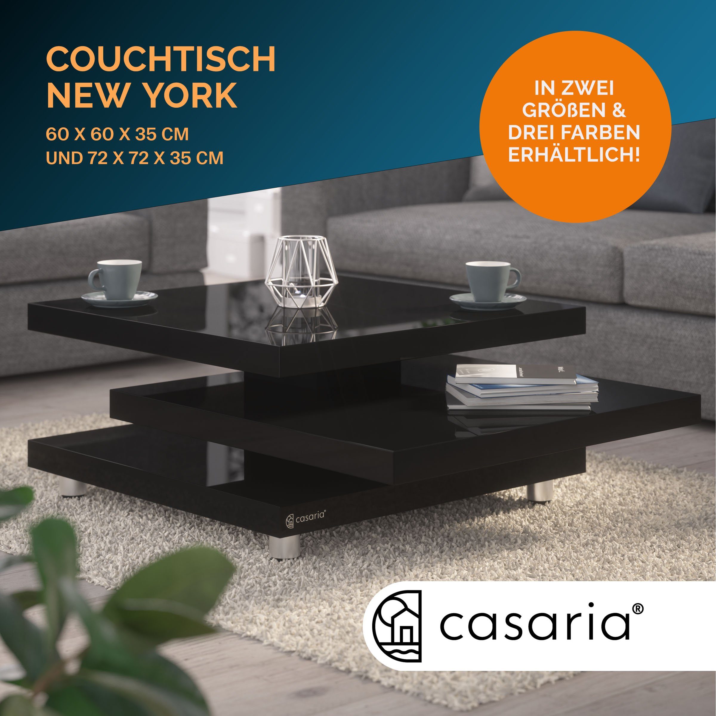 Casaria Couchtisch New York, Schwarz Drehbar Füße 60x60cm Modern 360° Hochglanz Höhenverstellbare