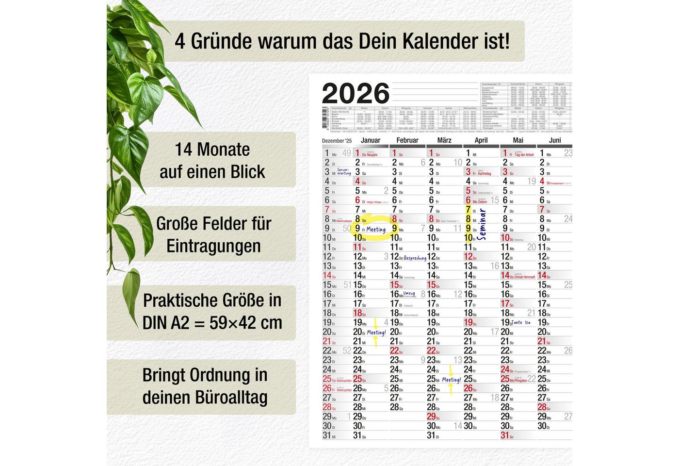 Thumbnail - TOBJA Wandkalender A2 Kalender 2026 Jahreskalender, Wandkalender 60x42 gefalteter Versand Jahreplaner Urlaubsplaner