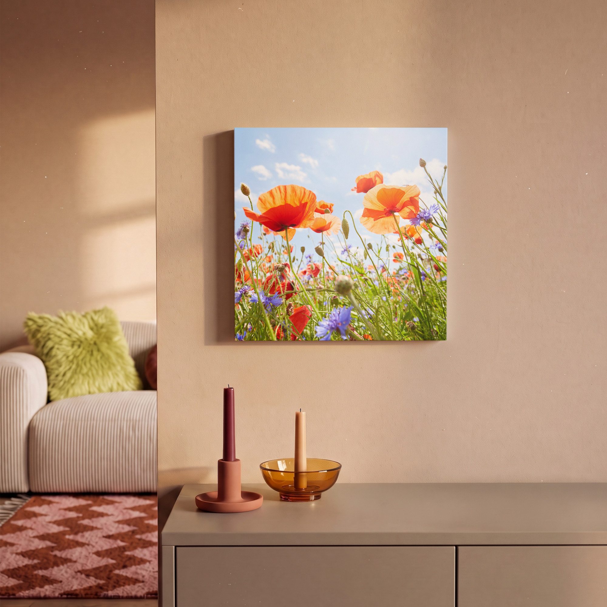 OneMillionCanvasses® Leinwandbild Blumen - Mohn - Frühling - Natur - Rot - Blau, Fotodruck (1 St), Wandbild, Deko Schlafzimmer Wohnzimmer Flur 20x20 cm – Bild 2 von 5