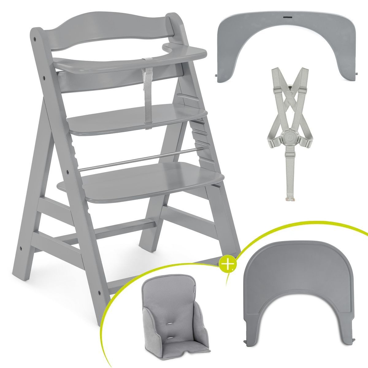 Hauck Hochstuhl Alpha Plus Grey, Mitwachsender Holz Kinderhochstuhl mit Essbrett & Sitzverkleinerer