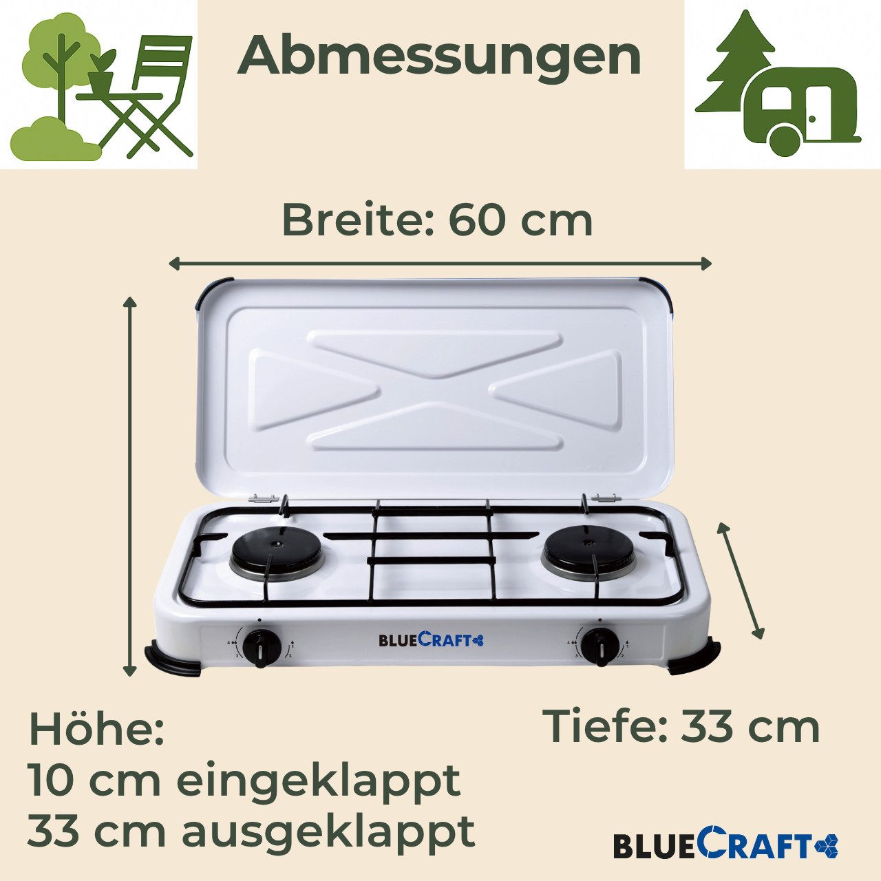 BlueCraft Gaskocher 2 flammig 50mbar Propan Gas Campingkocher 4,4 kW Gas-Kochfeld Gasherd, (mit Schlauch 100 cm und Gas Regler Druckminderer), Camping Gas Koche – Bild 2 von 5
