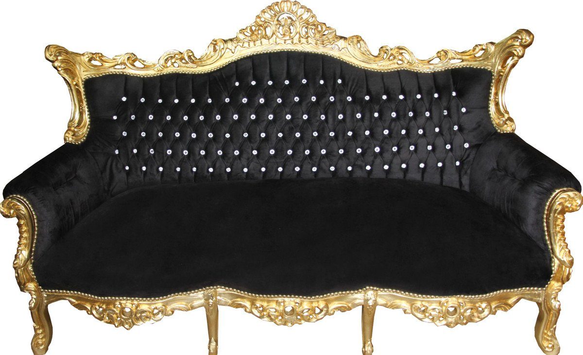 Casa Padrino 3-Sitzer Barock 3-er Sofa Master Schwarz / Gold mit Bling Bling Glitzersteinen - Wohnzimmer Möbel Couch Lounge