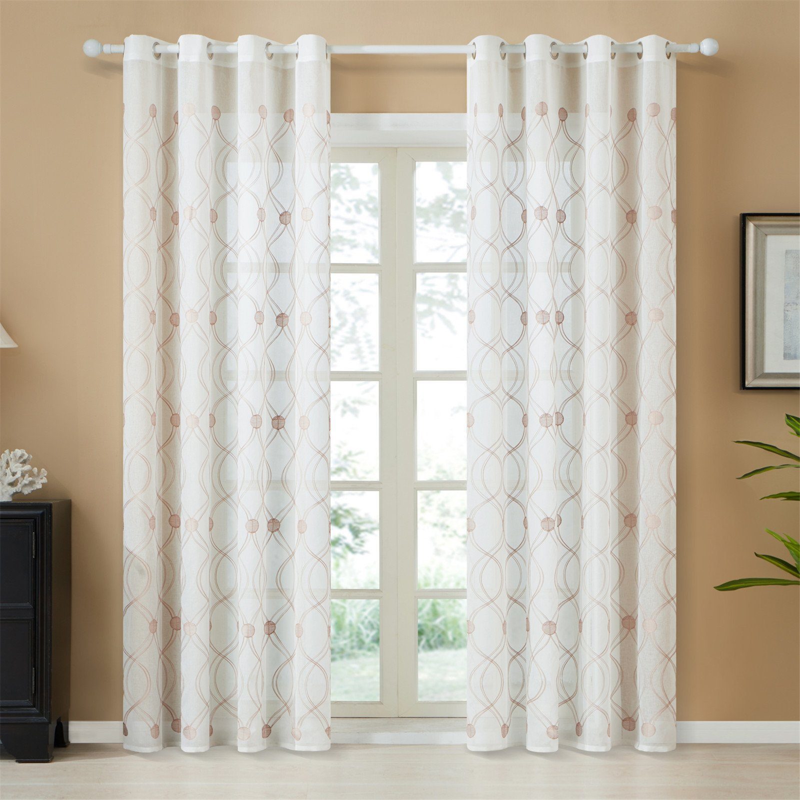 BYSURE Gardine (2 St), Ösen, halbtransparent, Voile, Gestickte Blumen Ösenschal