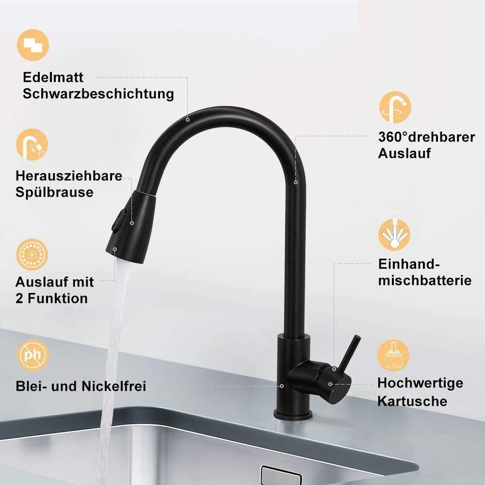 Küchenarmatur Küche für mit XERSEK Schwarz Wasserhahn Küchenarmatur Schwenkbar 360° Wasserhahn Mischbatterien Brause Ausziehbare Hochdruckhahn Küche