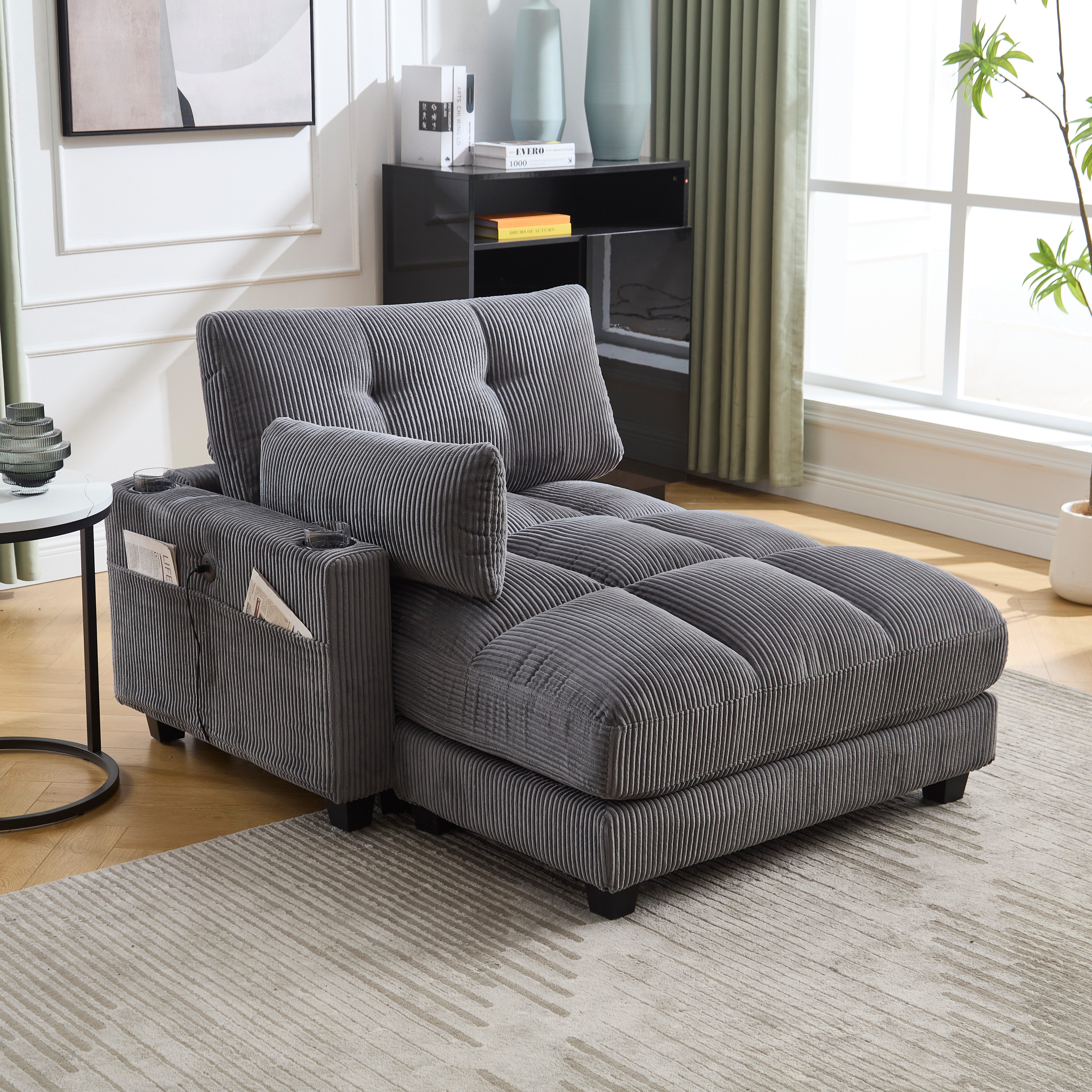 HAUSS SPOLE Schlafsofa Ecksofa Relaxsofa Polstermöbel mit Becherhaltern&USB Anschluss,Grau, klappen für den kopf,3 Getränkehalter & eine Seitentaschen,dicke Polsterung, Cordstoff 1 Teile, Sitzsack mit rollenden polstern,für Schlafzimmer, Wohnzimmer, Grau