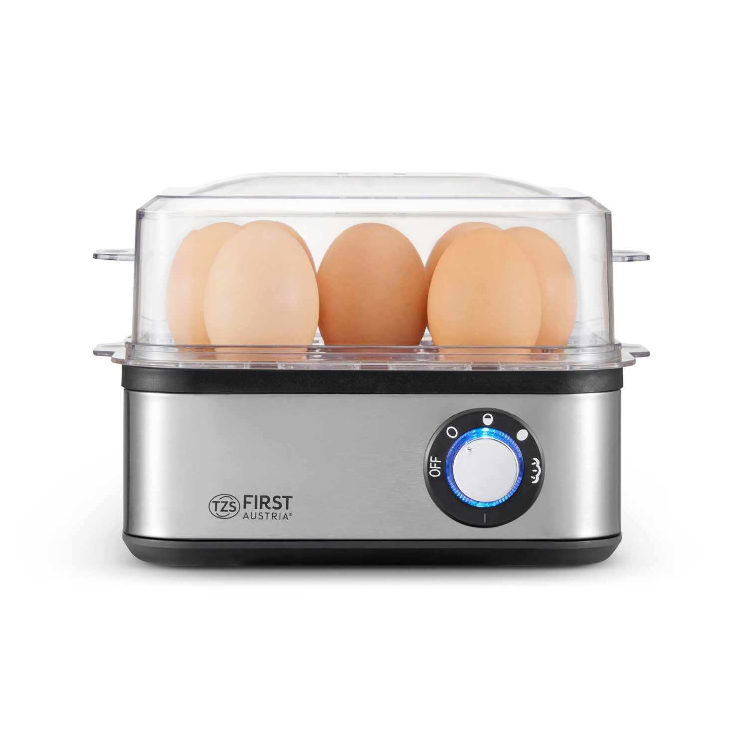 TZS FIRST AUSTRIA Eierkocher mit Dampfgarfunktion, 8 Eier, Messbecher, 500W, Edelstahl, Anzahl Eier: 8 St., 500 W, Dampfgarfunktion, Aufwärmfunktion, Zeitschalt- und Summerfunktion