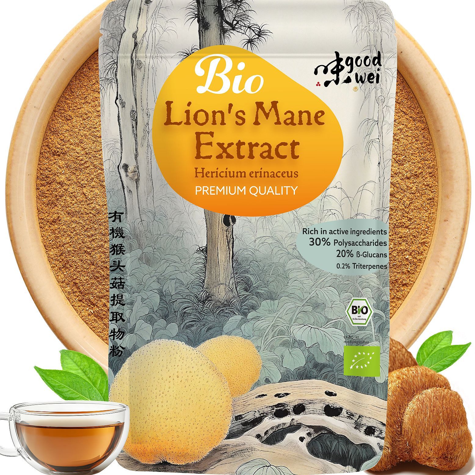 Goodwei Bio Löwenmähne Pilz Extrakt Pulver Hericium Erinaceus, 100g Pulver, 1 er 100 g