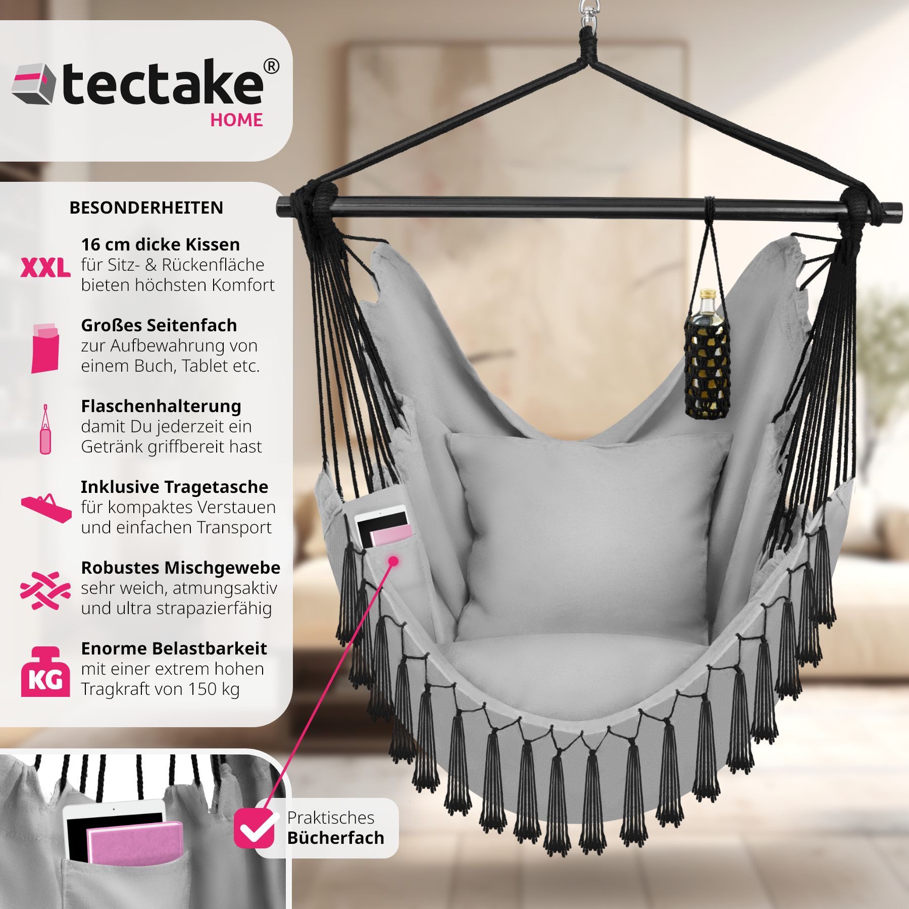 tectake Hängesessel Schaukelstuhl Malika, Boho-Style, Belastbarkeit günstig online kaufen