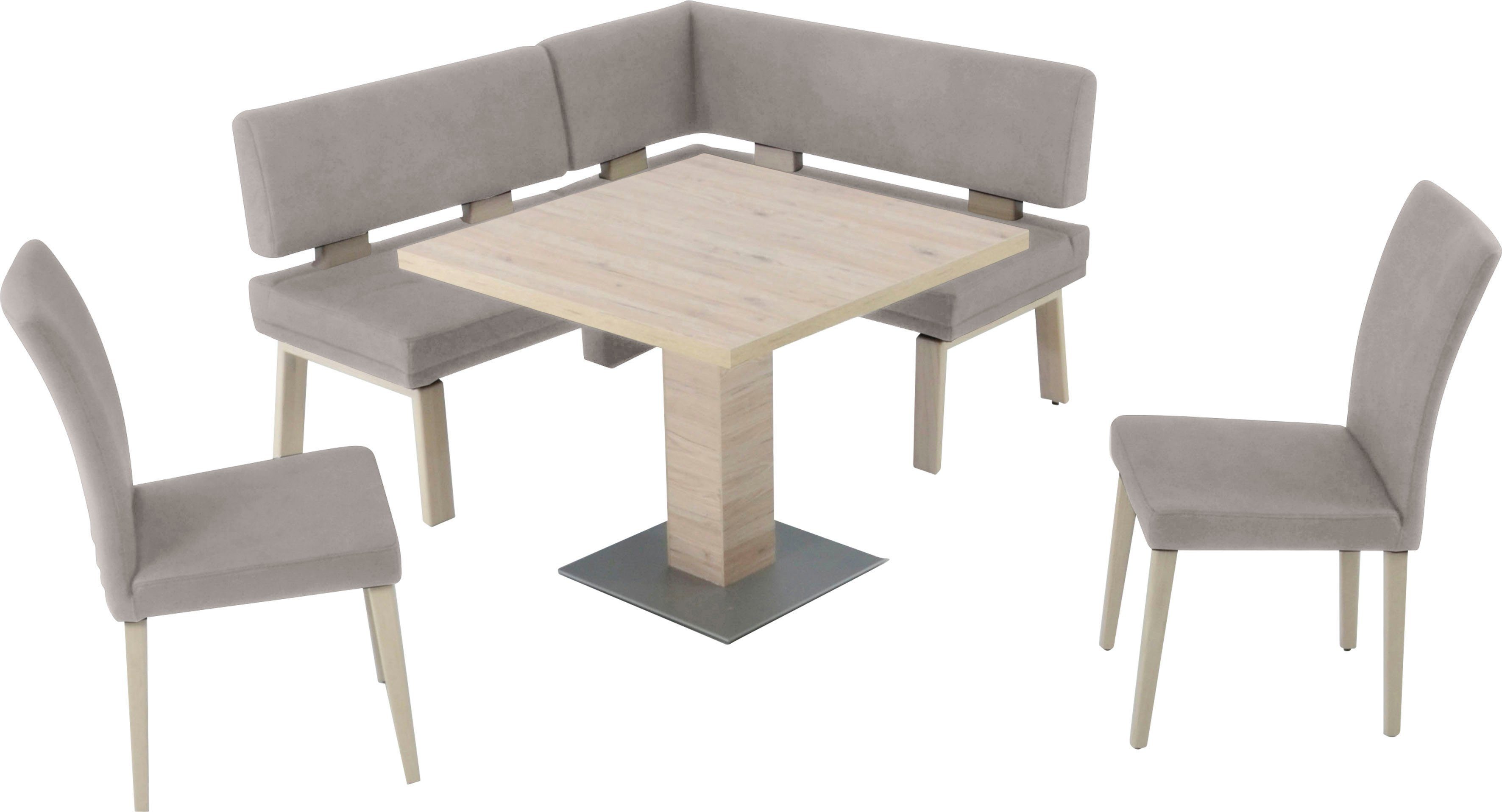 K+W Komfort & Wohnen Eckbankgruppe Santos I, (Set), rechts/links Schenkel 157cm, zwei 4 Holzstühle und Tisch 90x90cm lightgrey