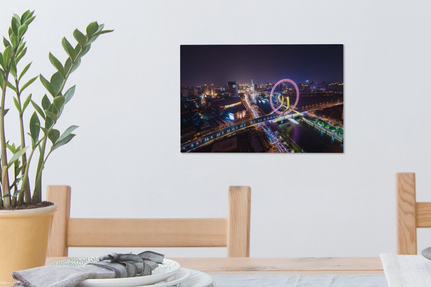 OneMillionCanvasses® Leinwandbild Farbtöne Wandbild 30x20 Leinwandbilder, St), Lila Wanddeko, der in cm Tianjin, (1 Stadt Aufhängefertig