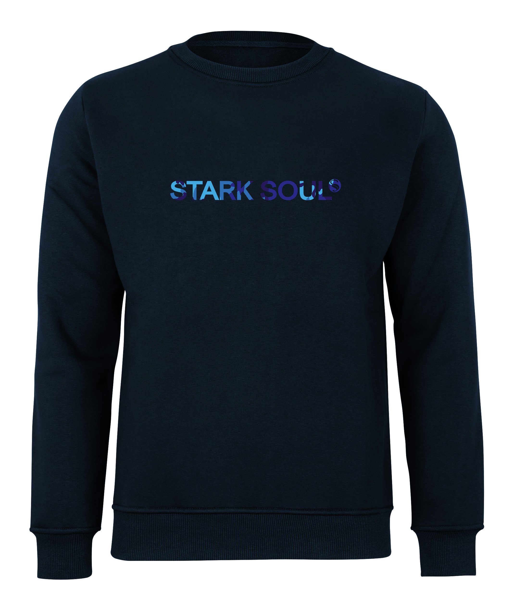 Stark French-Terry-Rundhals-Sweatshirt, Soul® "Stark Innen Sweatshirt Soul®"-Schriftzug Marine-Blau in Camouflage-Optik angeraut mit