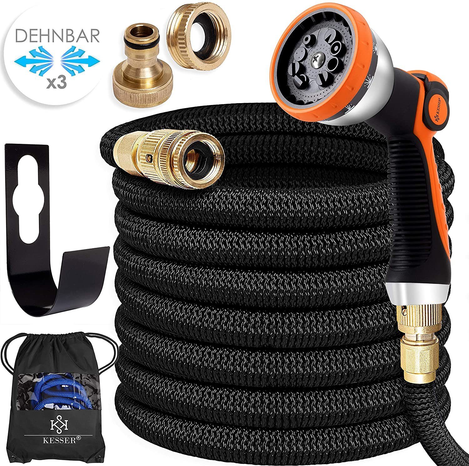 KESSER Gartenschlauch, Premium Flexibler Gartenschlauch ausgedehnt + Wandhalter