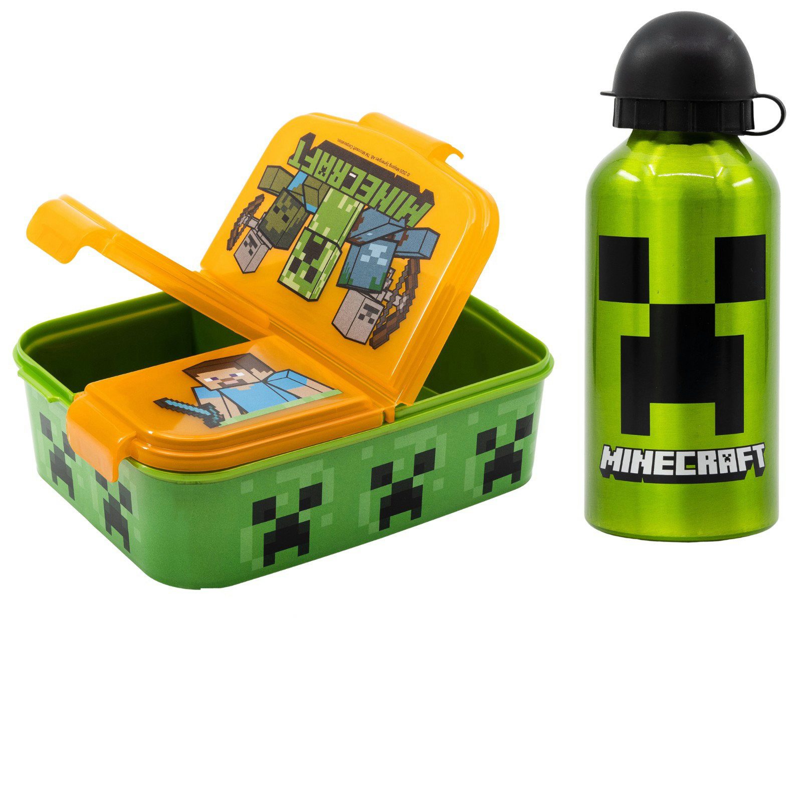 Minecraft Lunchbox Minecraft Creeper Kinder 2 tlg. Set Brotdose Alu-Trinkflasche 400 ml, (2-tlg., Spar-Set)