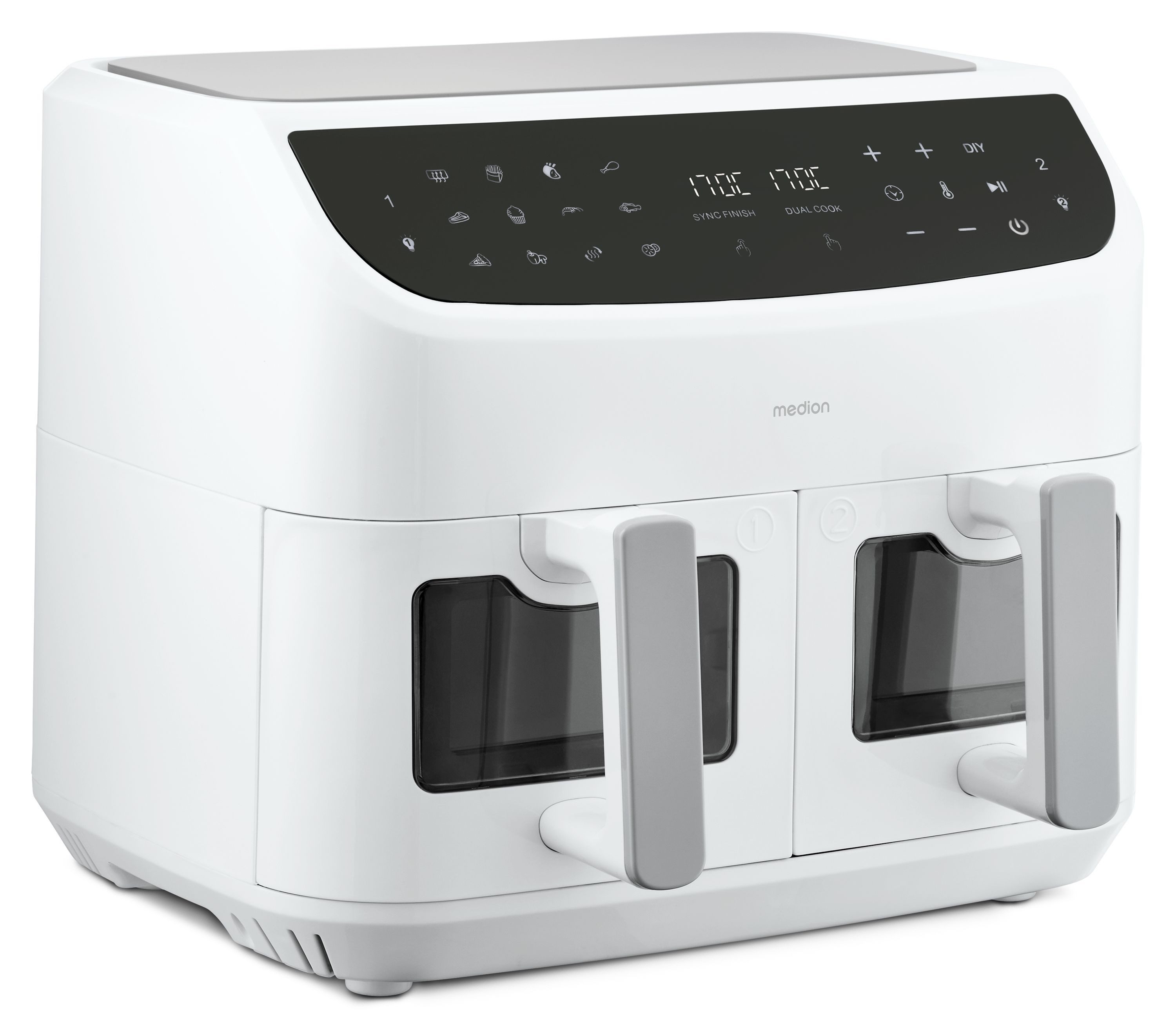 Medion® Heißluftfritteuse MD11760 P20 XXL, 2 separat gesteuerte Garkammern, Touch Display, 2400 W, Temperatur 50 - 200 °C, ILAG Beschichtung, Sync-Finish