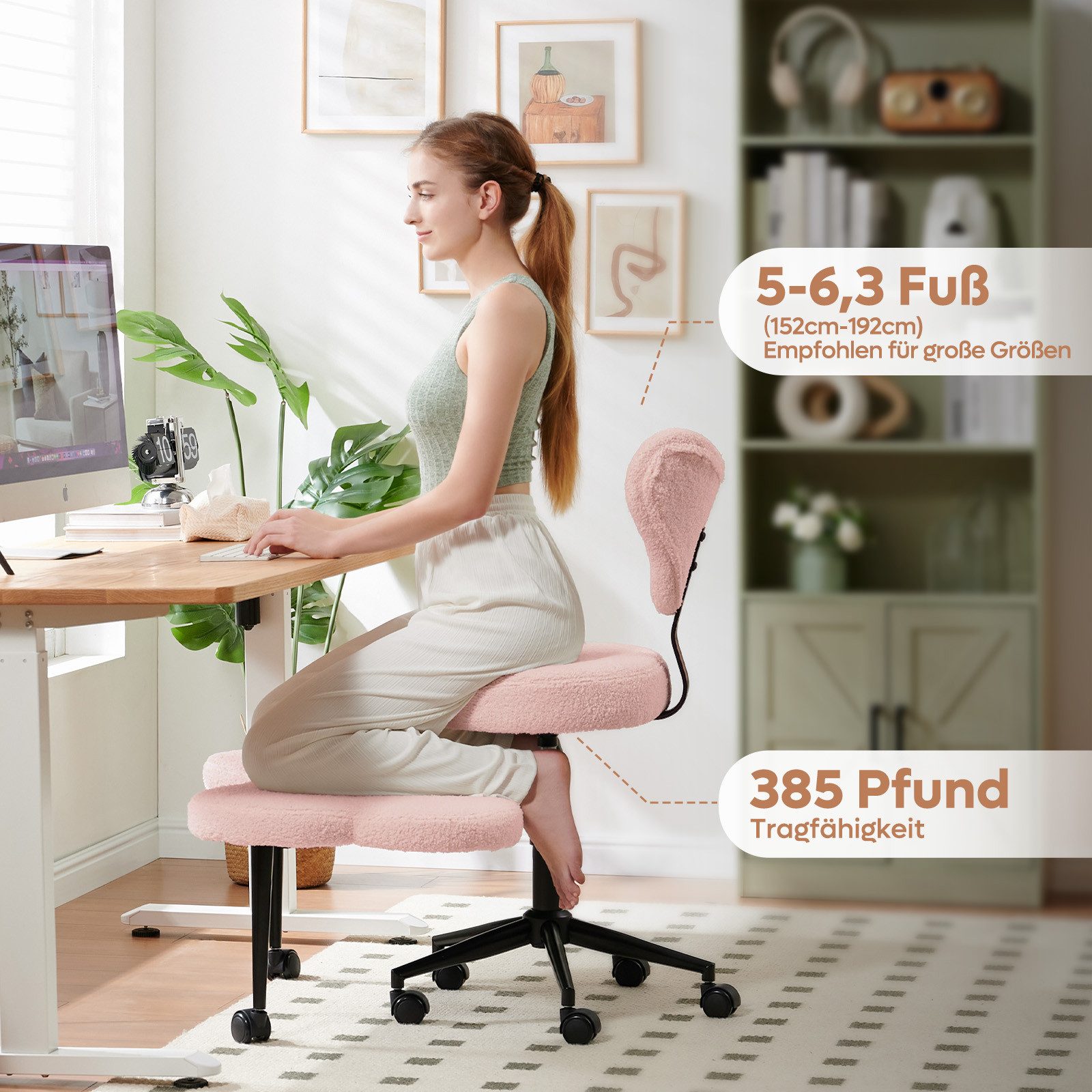 Pinmoco Polsterstuhl Pinmoco Bürostuhl mit höhenverstellbaren Rollen, rosa Meditationsstuhl – Bild 3 von 5