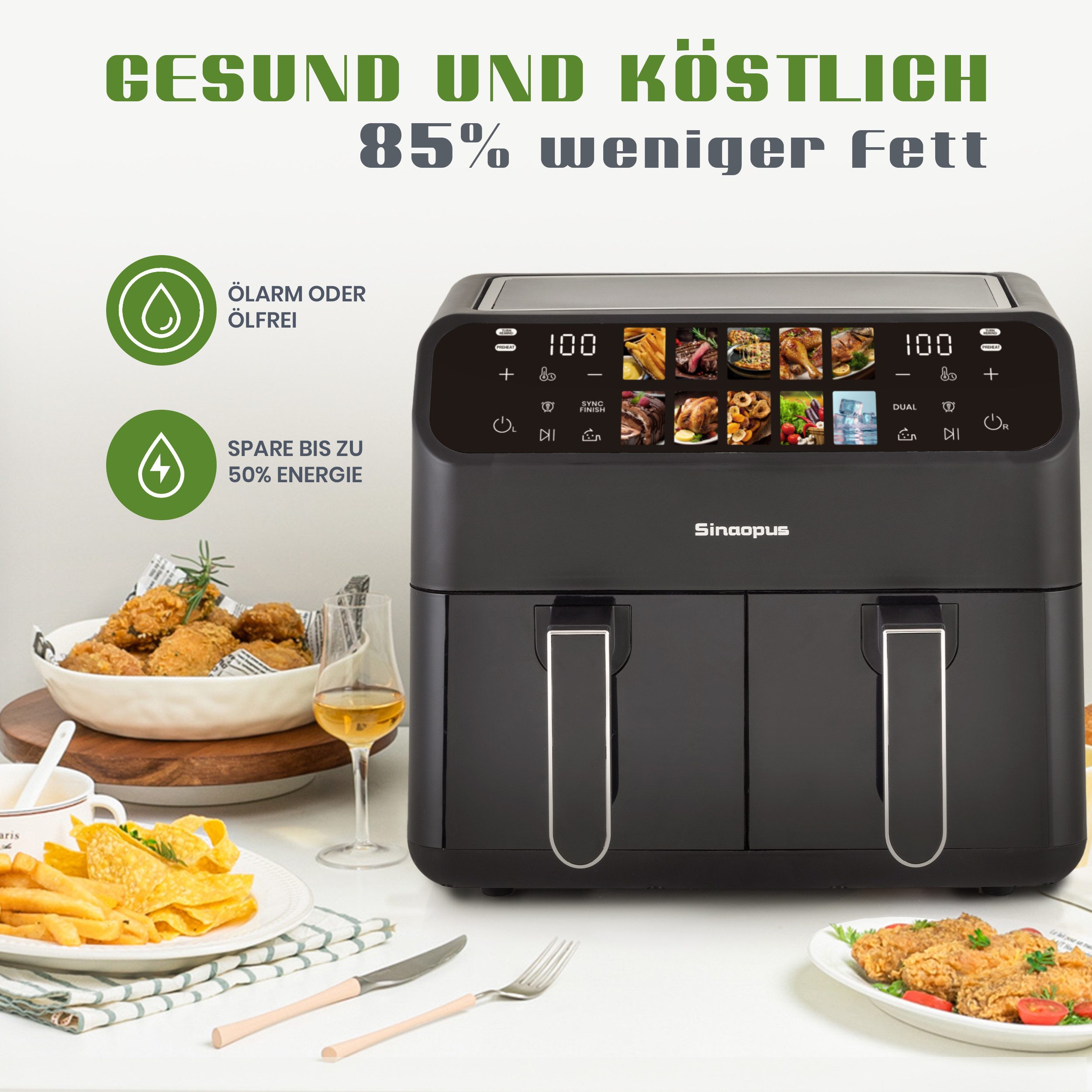 TAB Heißluftfritteuse, 2000,00 W, 9 L Kapazität, 10 Automatikprogrammen und intuitiver Touch-Steuerung