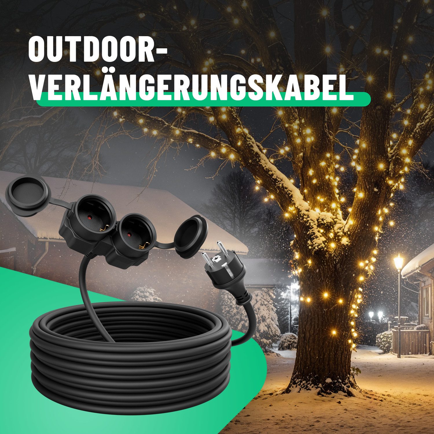 greate. 2fach Verlängerungskabel 10m - wasserdicht, Mehrfachsteckdose, 3500 W Verlängerungskabel, (1000 cm)